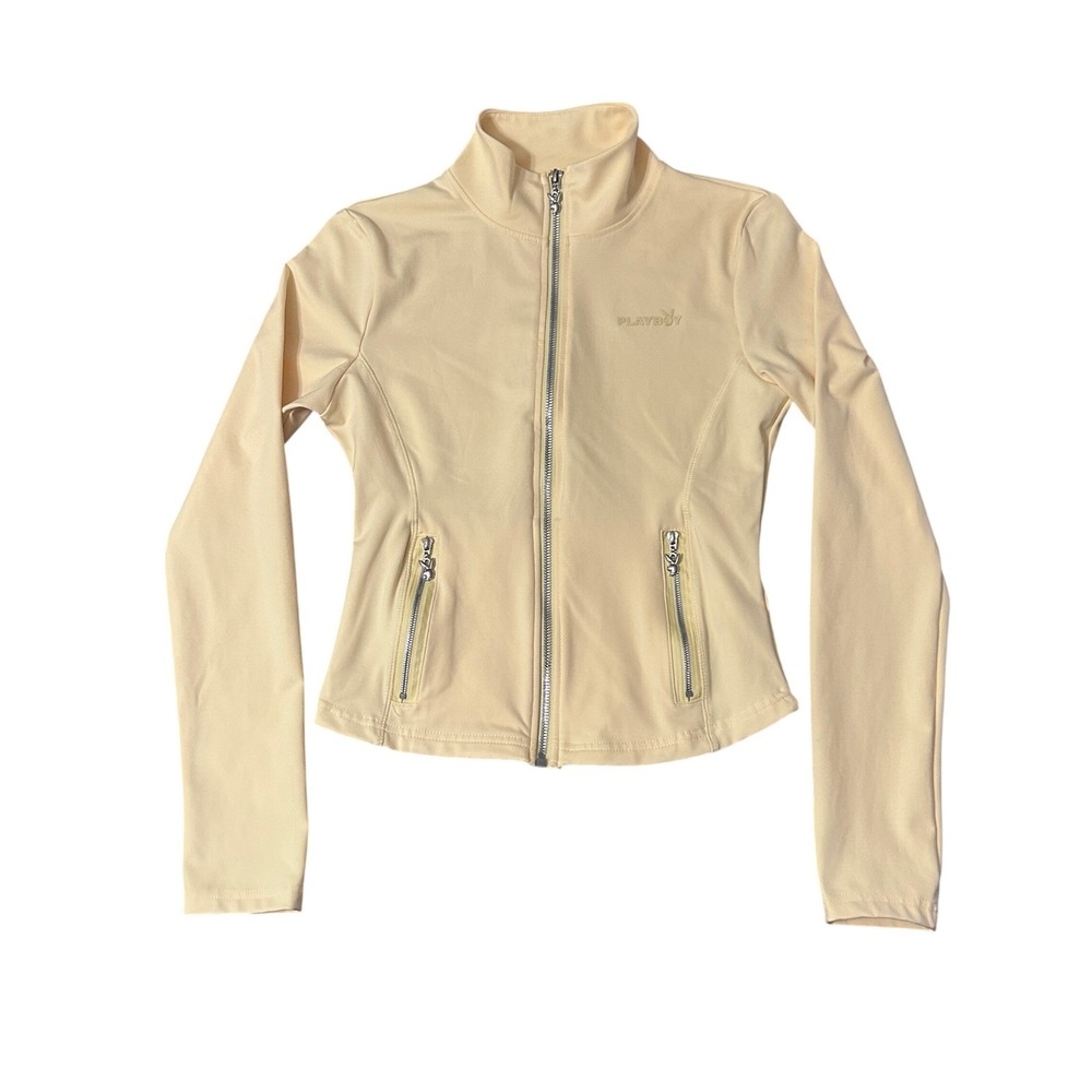 Playboy Track Jacket Womens Large Cream Full Zip Mock Neck Athletic Fit